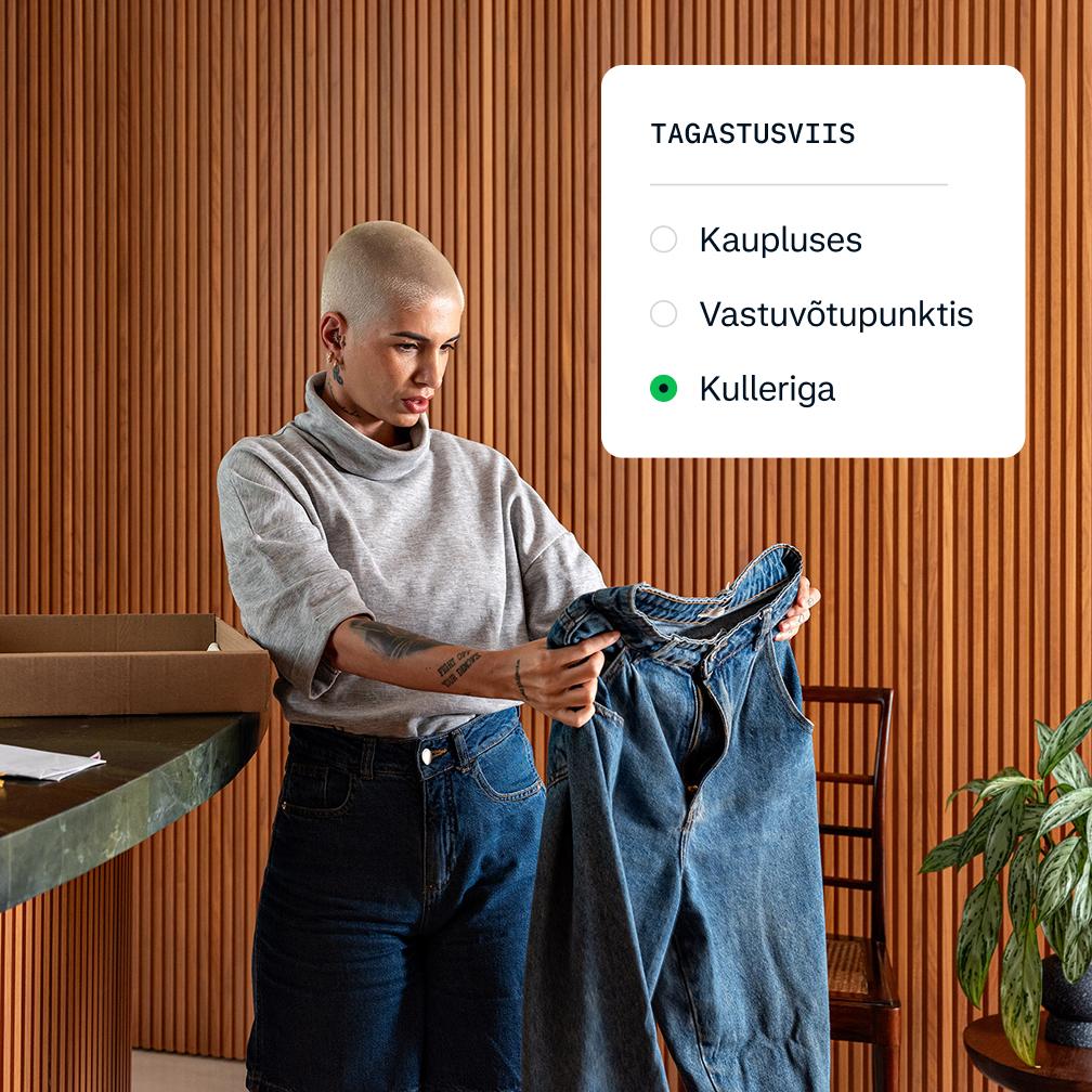 A woman looking at jeans with an overlay of a popup screen with return method options.