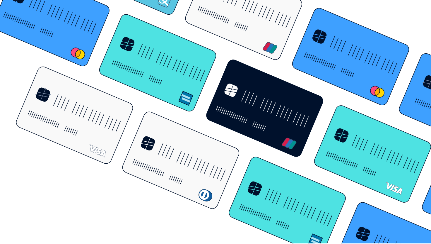 Collection of illustrated credit and debit cards with various bank logos.