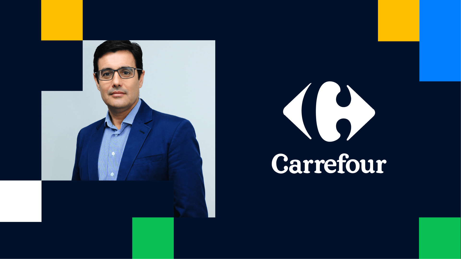 Homem de terno azul com logotipo Carrefour