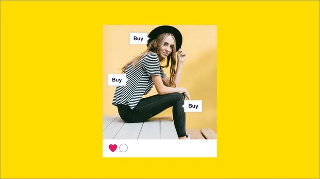 Stylish woman sitting on a bench with interactive 'Buy' buttons and social media icons.