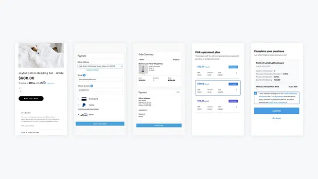 Mockup of an online shopping experience featuring product selection, payment methods, installment plans, and purchase confirmation