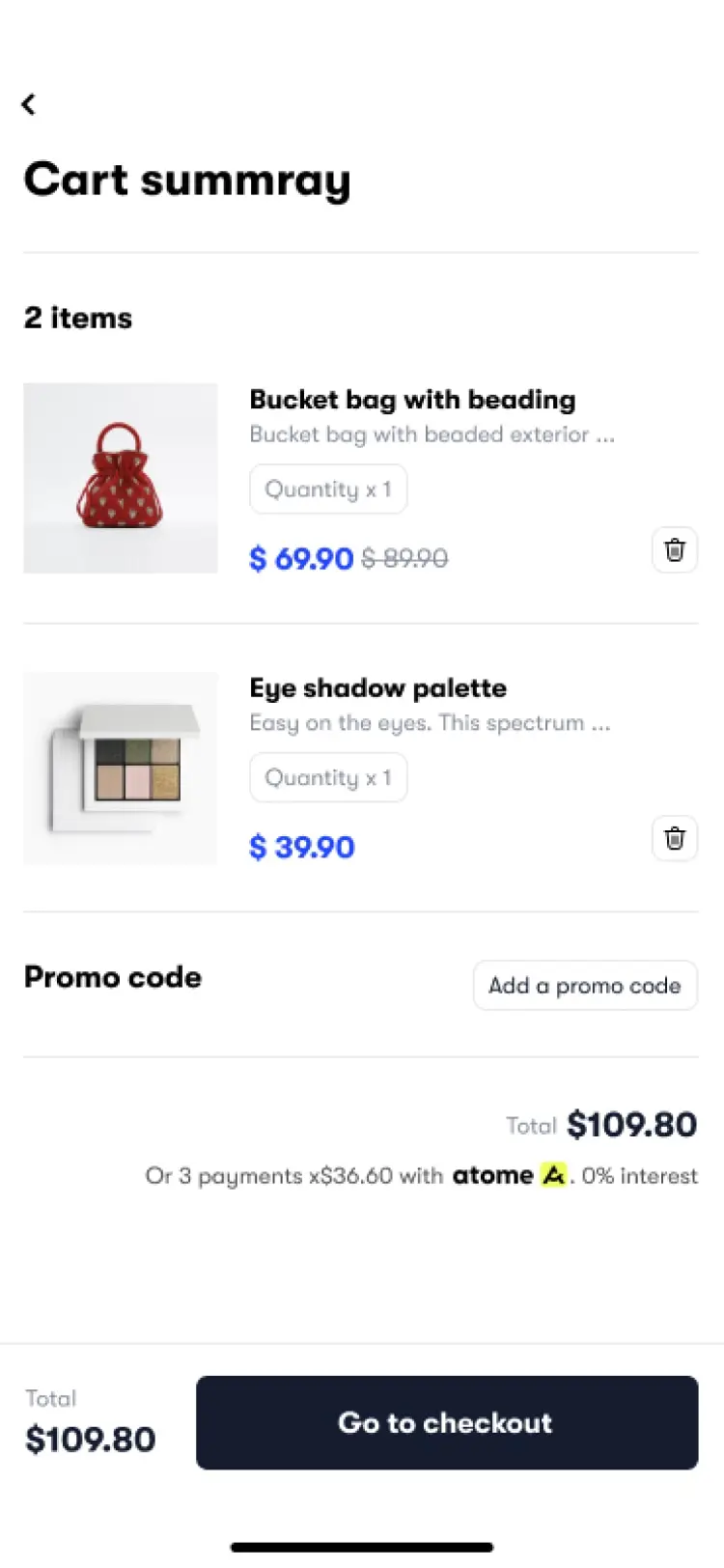 Shopping cart summary screen showing 2 items with Atome payment option.
