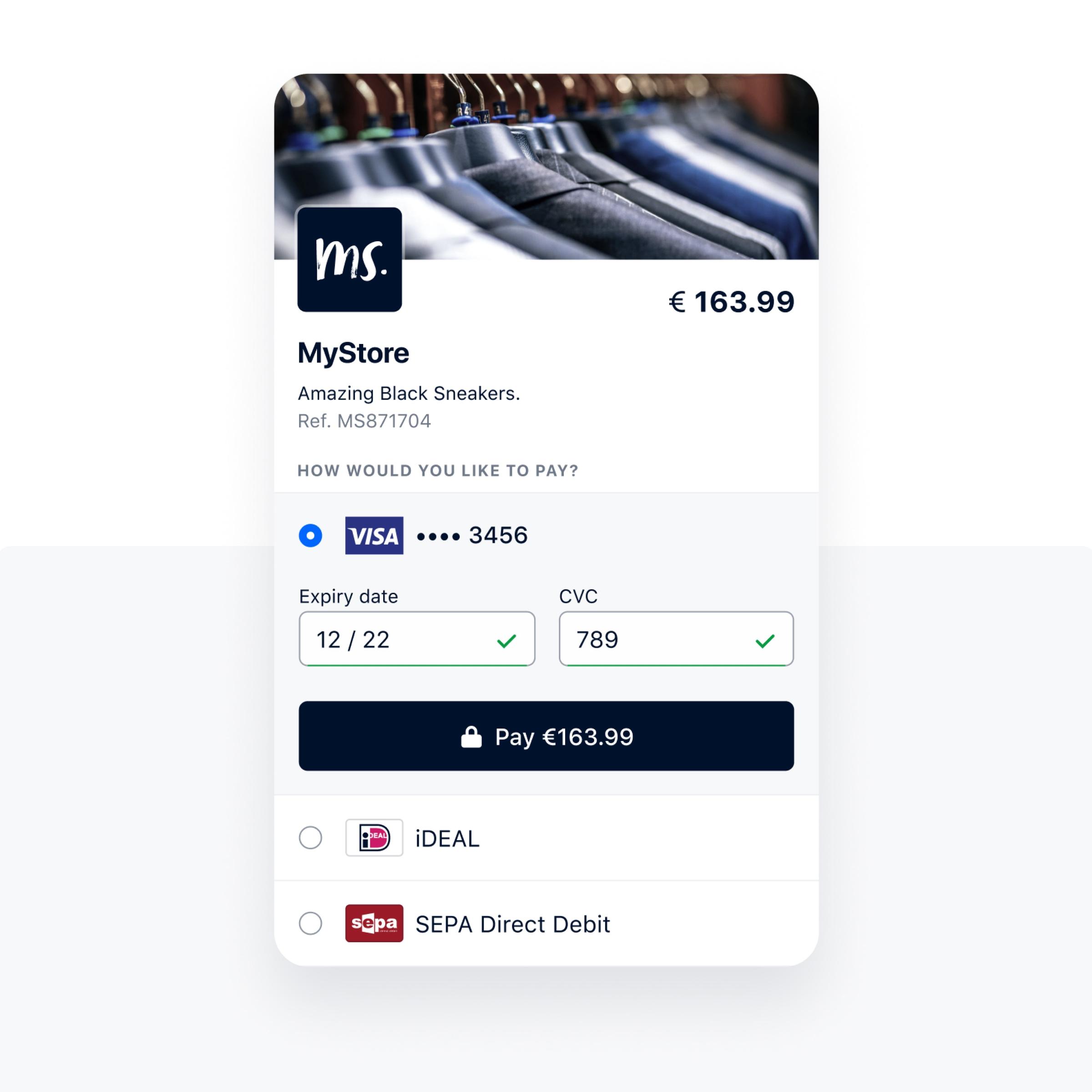Online-Zahlungsschnittstelle mit Optionen für Visa, iDEAL und SEPA-Lastschrift mit einem Preis von €163.99