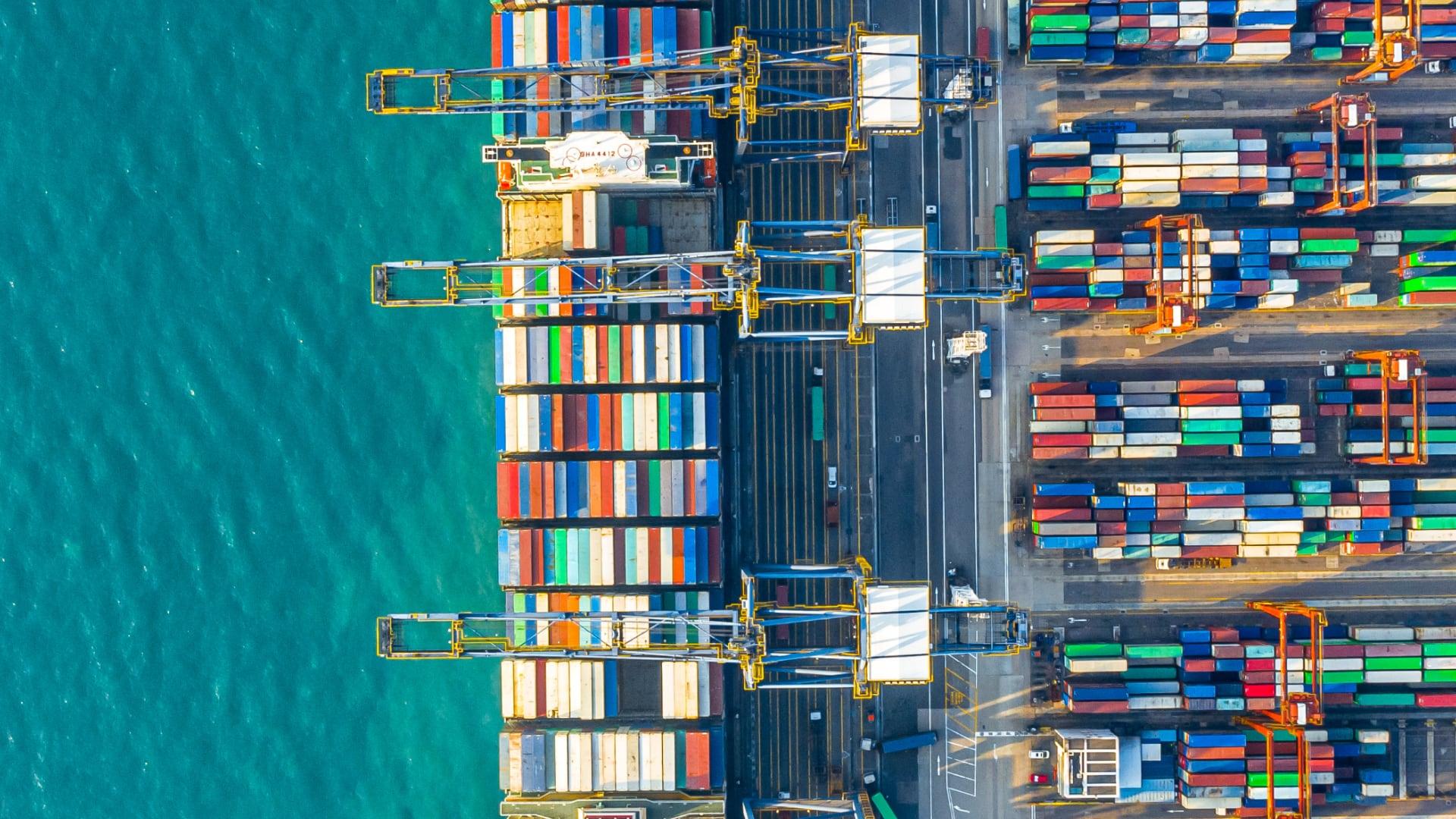 Aerial view of a colorful container terminal at the docks in Hong Kong.