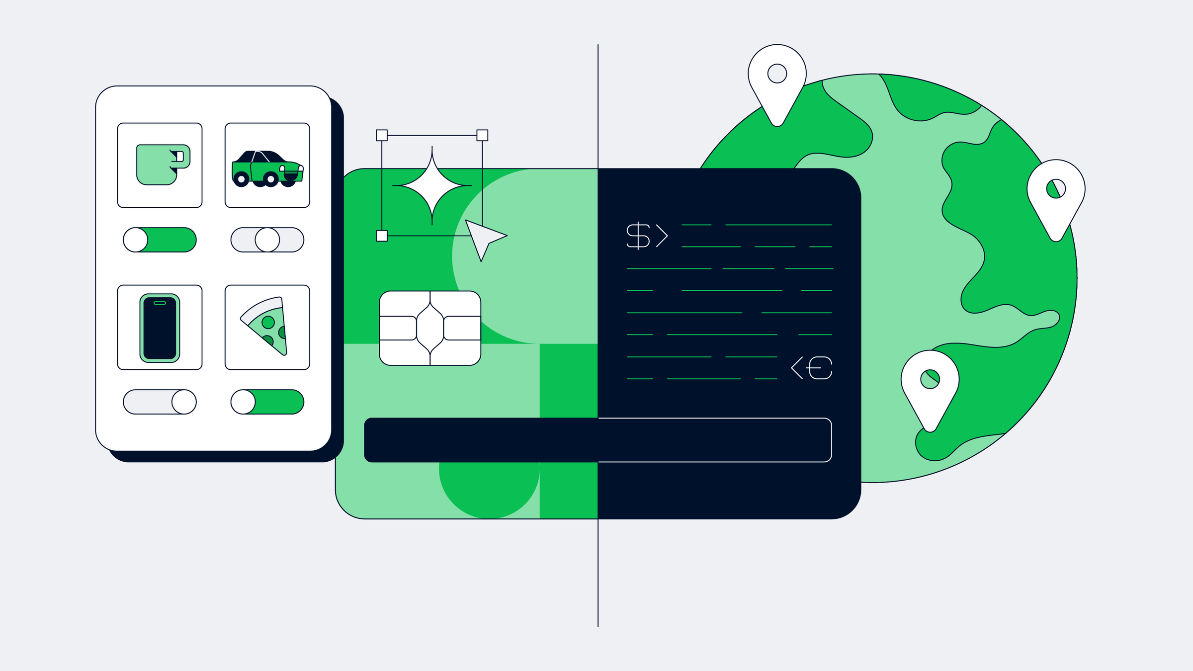 Stylized representation of global electronic payment solutions with credit card and mobile payment icons.