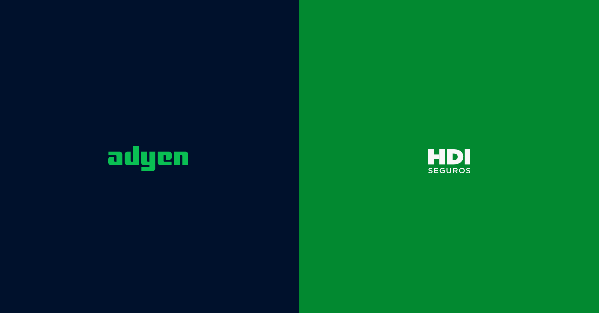 Adyen and HDI Seguros logos on split dark blue and green background.