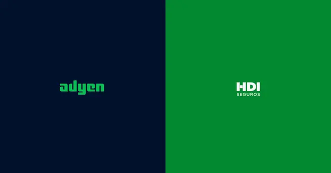 Logos Adyen e HDI Seguros em fundo azul escuro e verde dividido