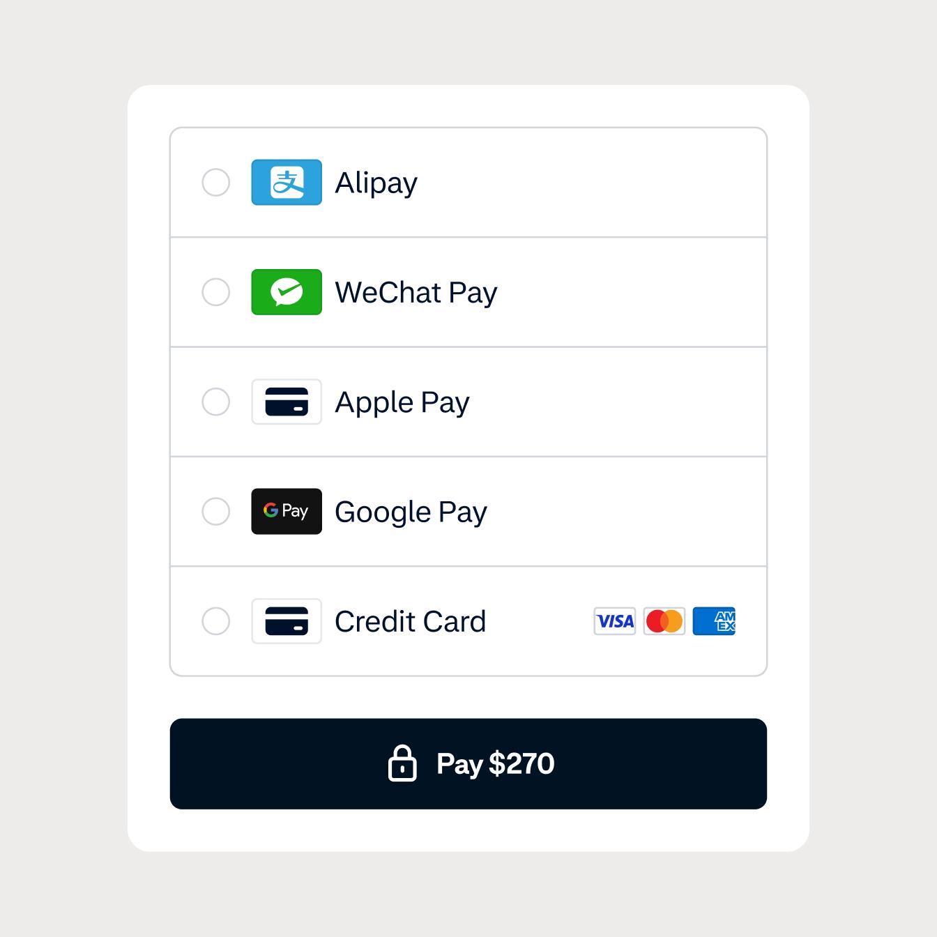 Checkout screen with local payment method options