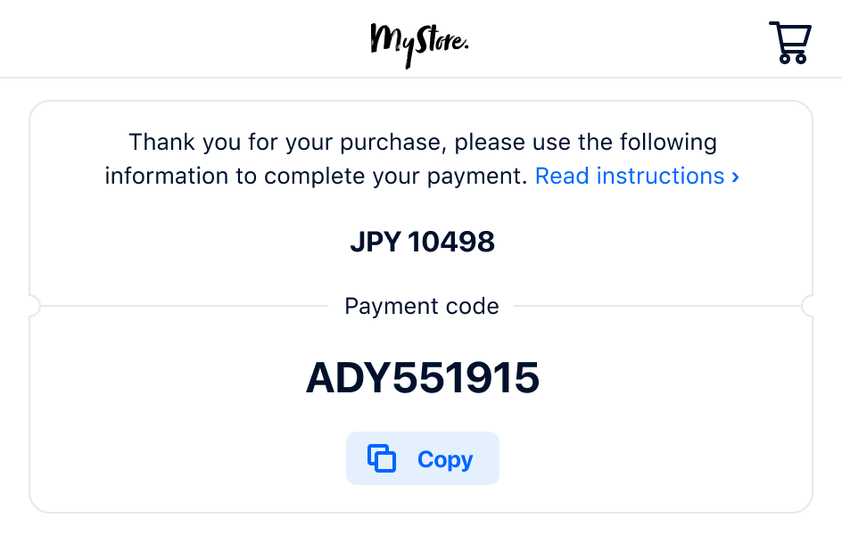 Screenshot of payment confirmation screen with an Adyen payment code for a purchase amounting to JPY 10498.