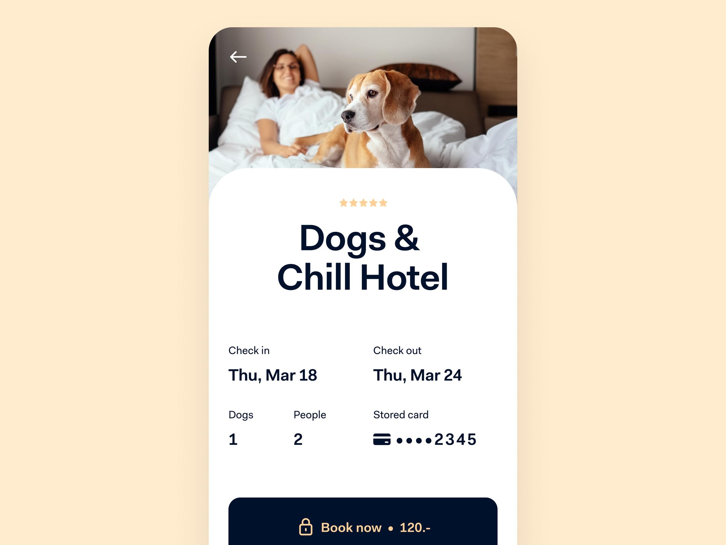 Booking interface for 'Dogs & Chill Hotel' on a smartphone with user options and payment details displayed