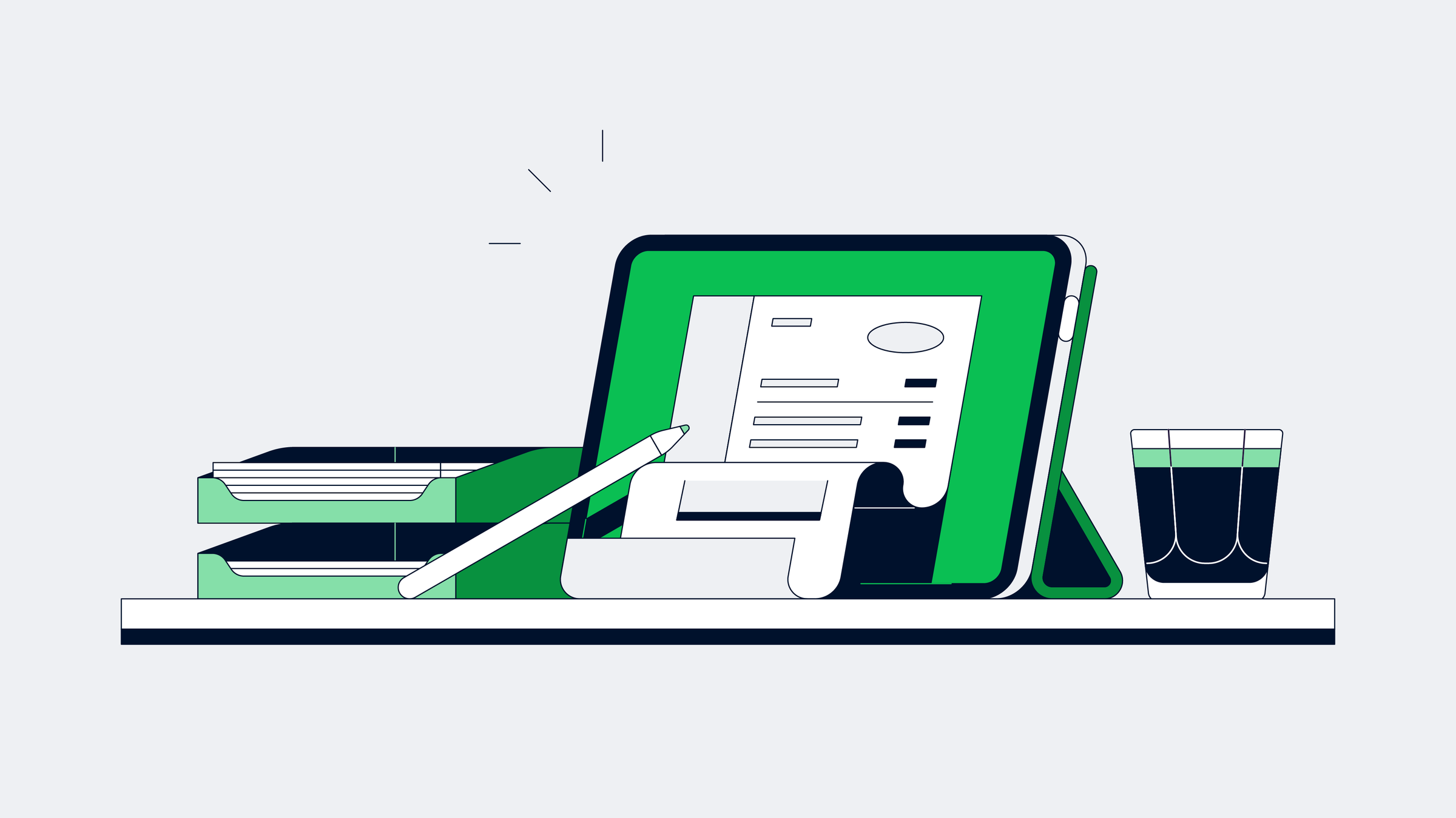 Illustration stylisée d'un espace de travail avec une tablette, des papiers de rapport, un stylo, des livres et un verre d'eau.