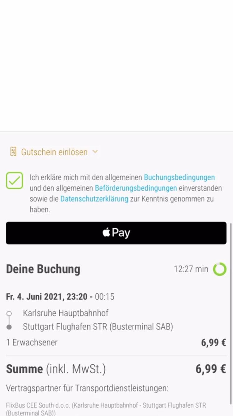 Screenshot showing a mobile booking confirmation interface with Apple Pay option displayed.