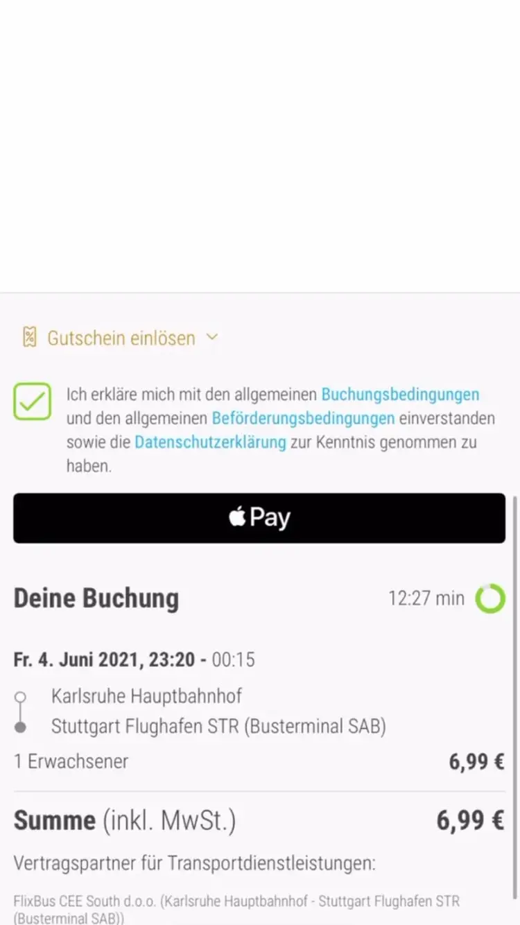 Screenshot showing a mobile booking confirmation interface with Apple Pay option displayed.