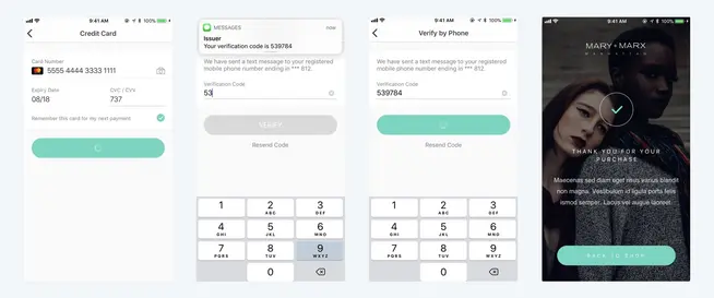 Mobile phone screens showing different steps in a digital payment process.