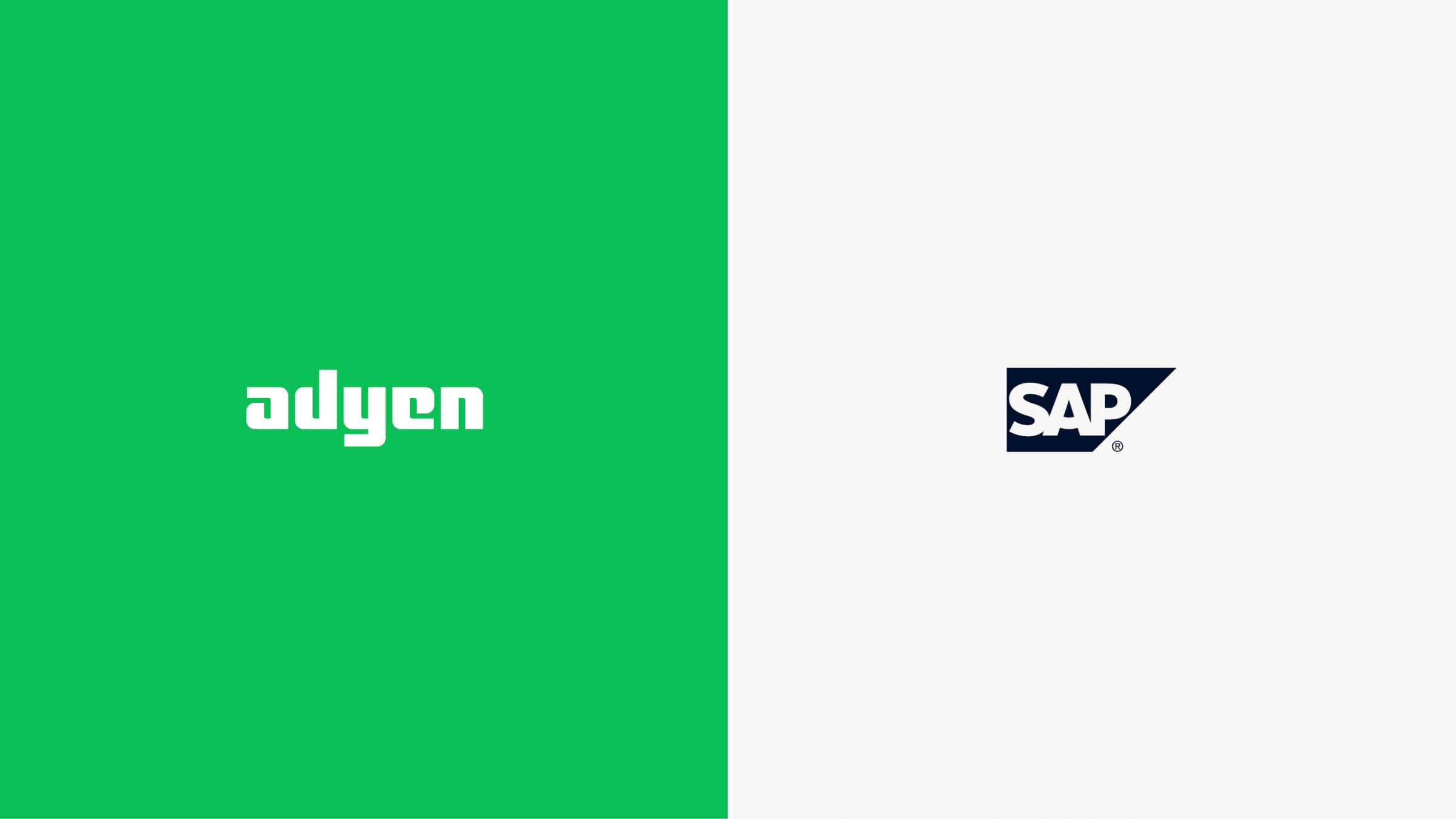 Adyen logo on a green background with SAP logo on a light background, representing partnership.
