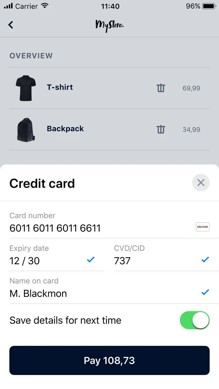 Mobile screen showing Adyen checkout interface with credit card payment option.
