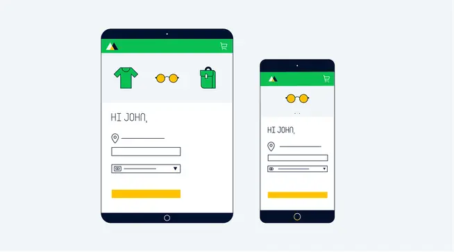 Tablet and smartphone displaying an Adyen checkout page with a greeting to John.