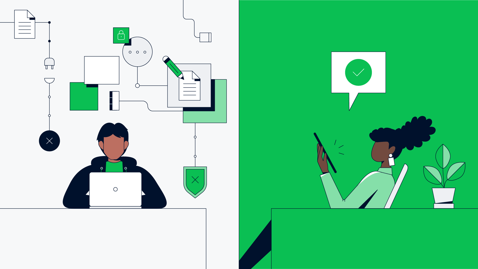 Grafische weergave van workflowautomatisering links en een persoon die een positieve melding op zijn telefoon ontvangt rechts.