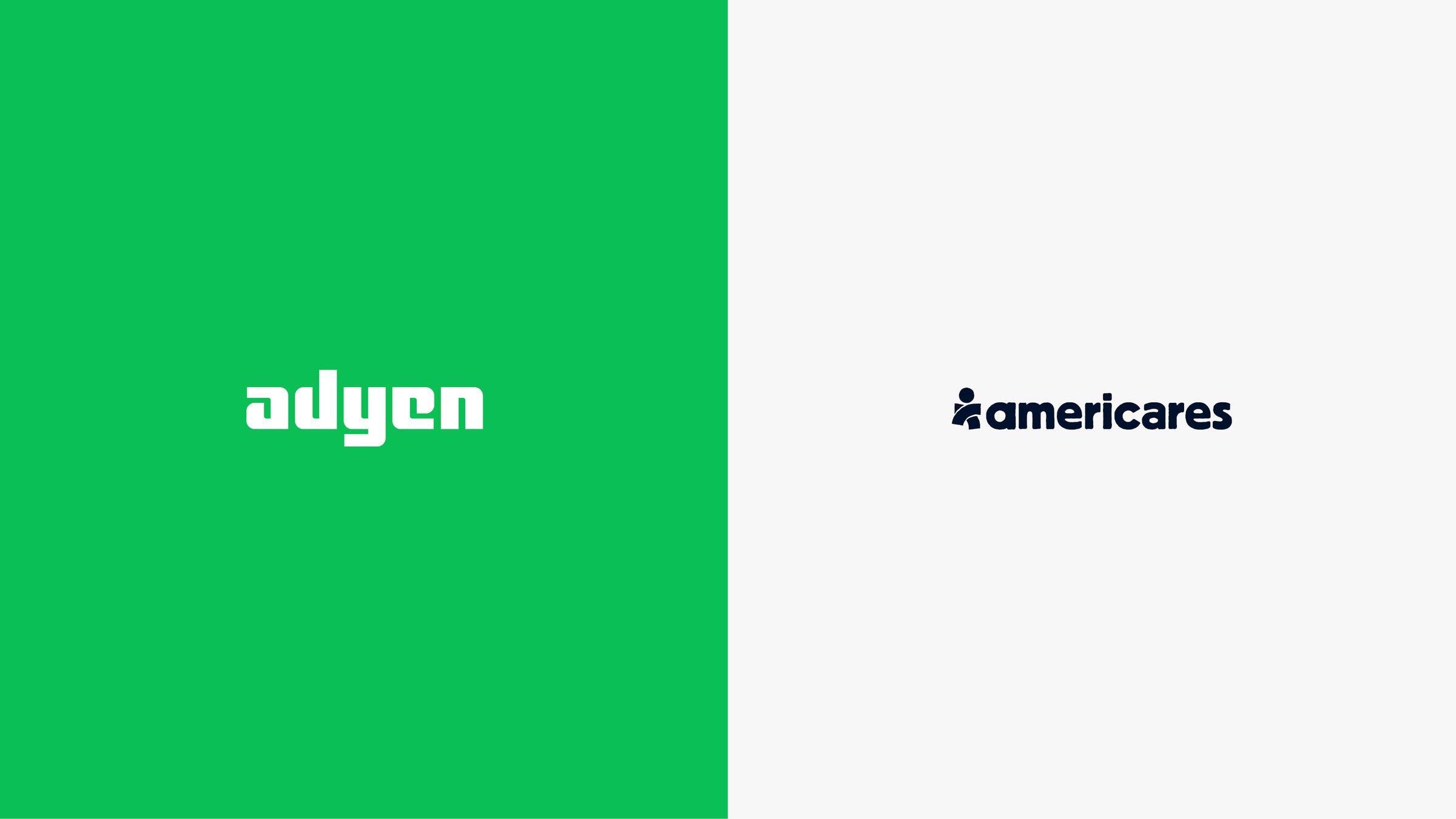 splitscreen with adyen logo with green background on the left and americares logo with grey background on the right