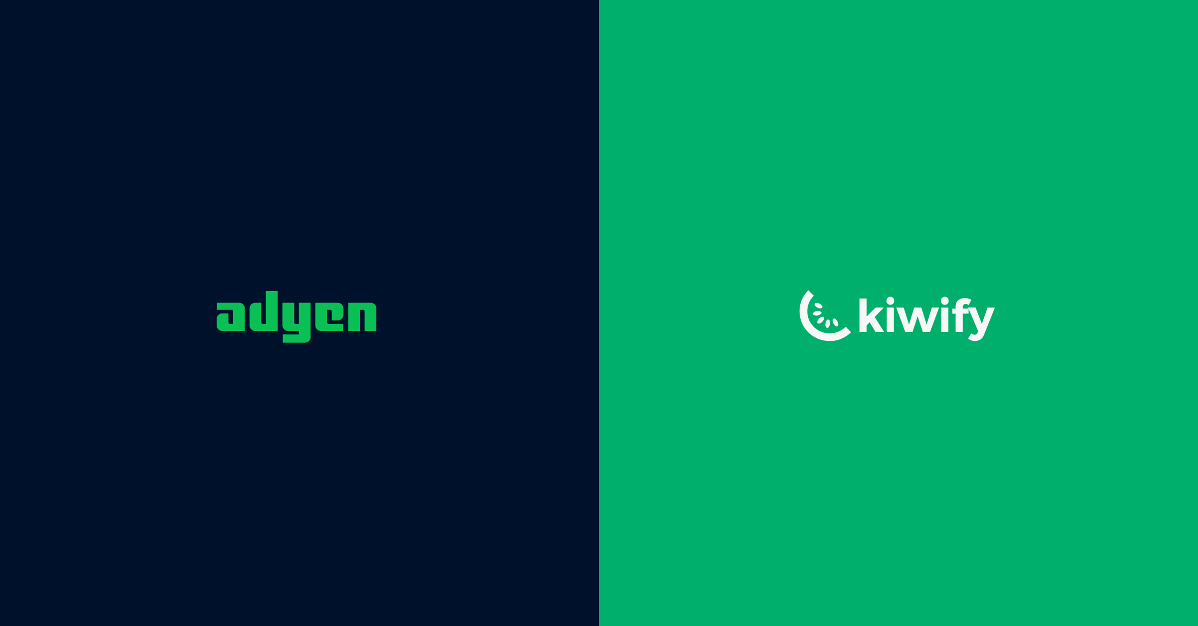 Logos Adyen e Kiwify em um fundo dividido
