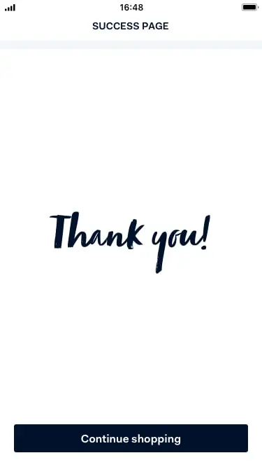 Success page screen with 'Thank you!' message and 'Continue shopping' button.