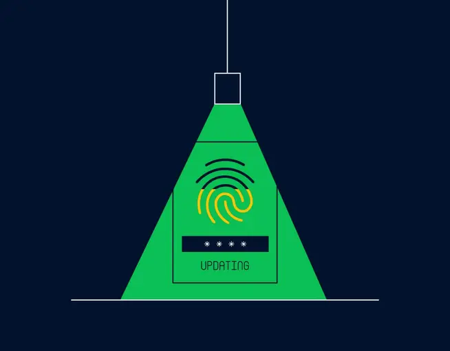 Graphic showing a biometric fingerprint scanner with 'UPDATING' status under a spotlight.
