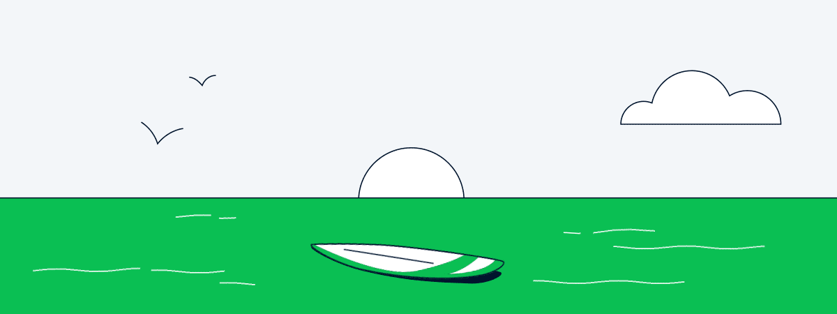 Illustrated city beach with a surf board