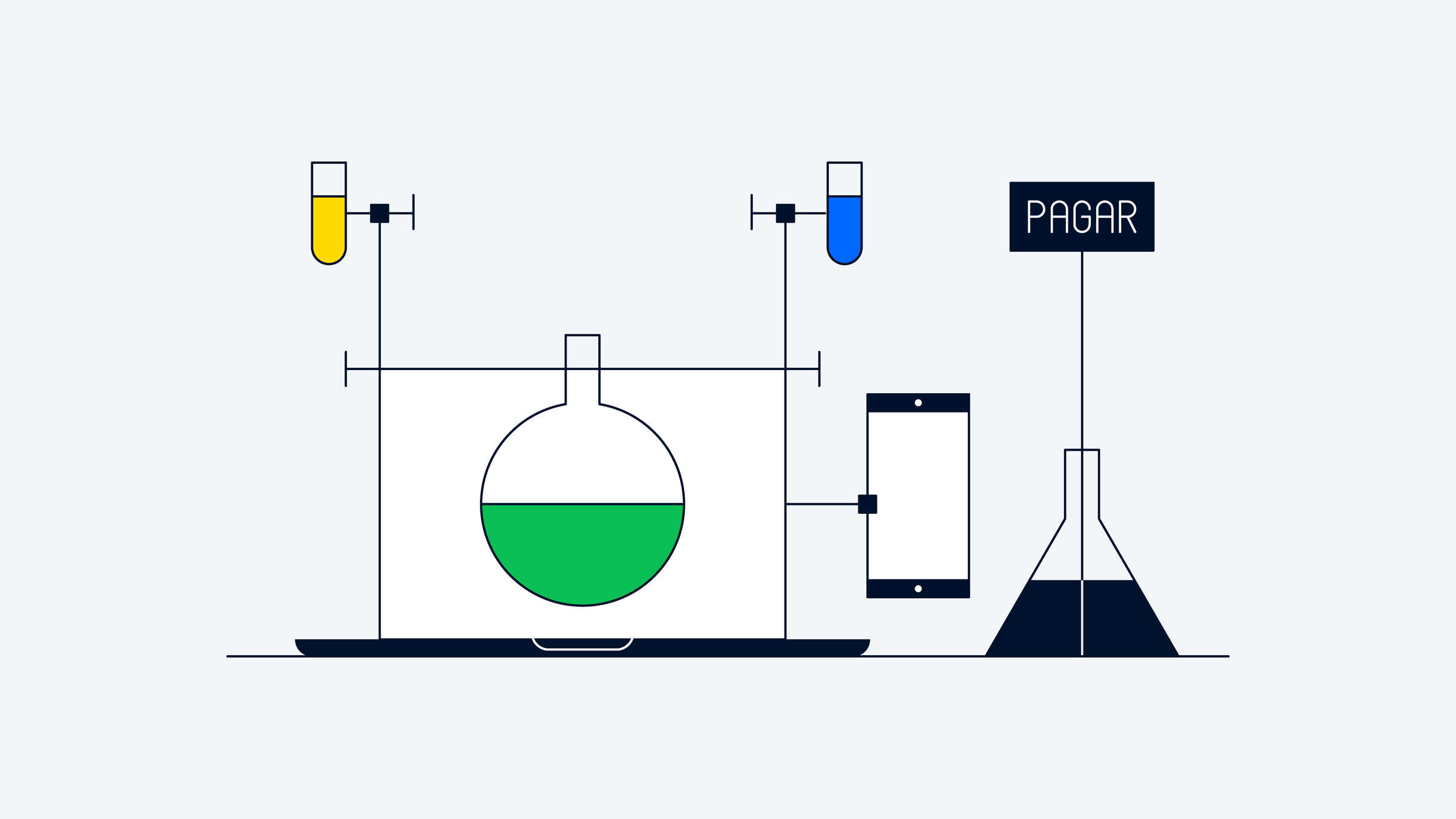 Configuração de laboratório estilizada com béqueres, smartphone e um sinal com 'PAGAR'.