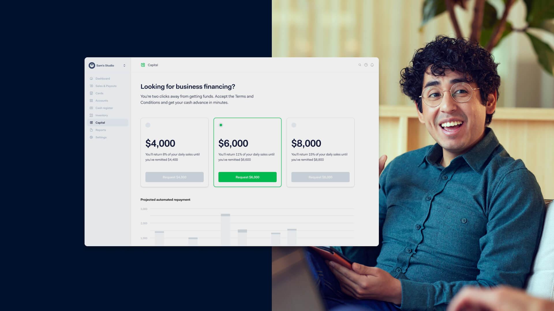 Happy person viewing Adyen business financing options on a computer screen.