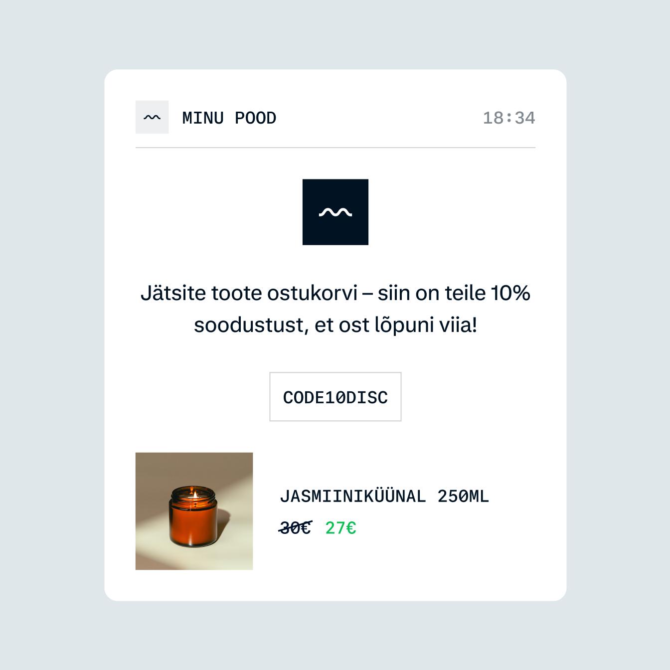 An abandoned cart pop up, encouraging the customer to complete the sale with a discount code.