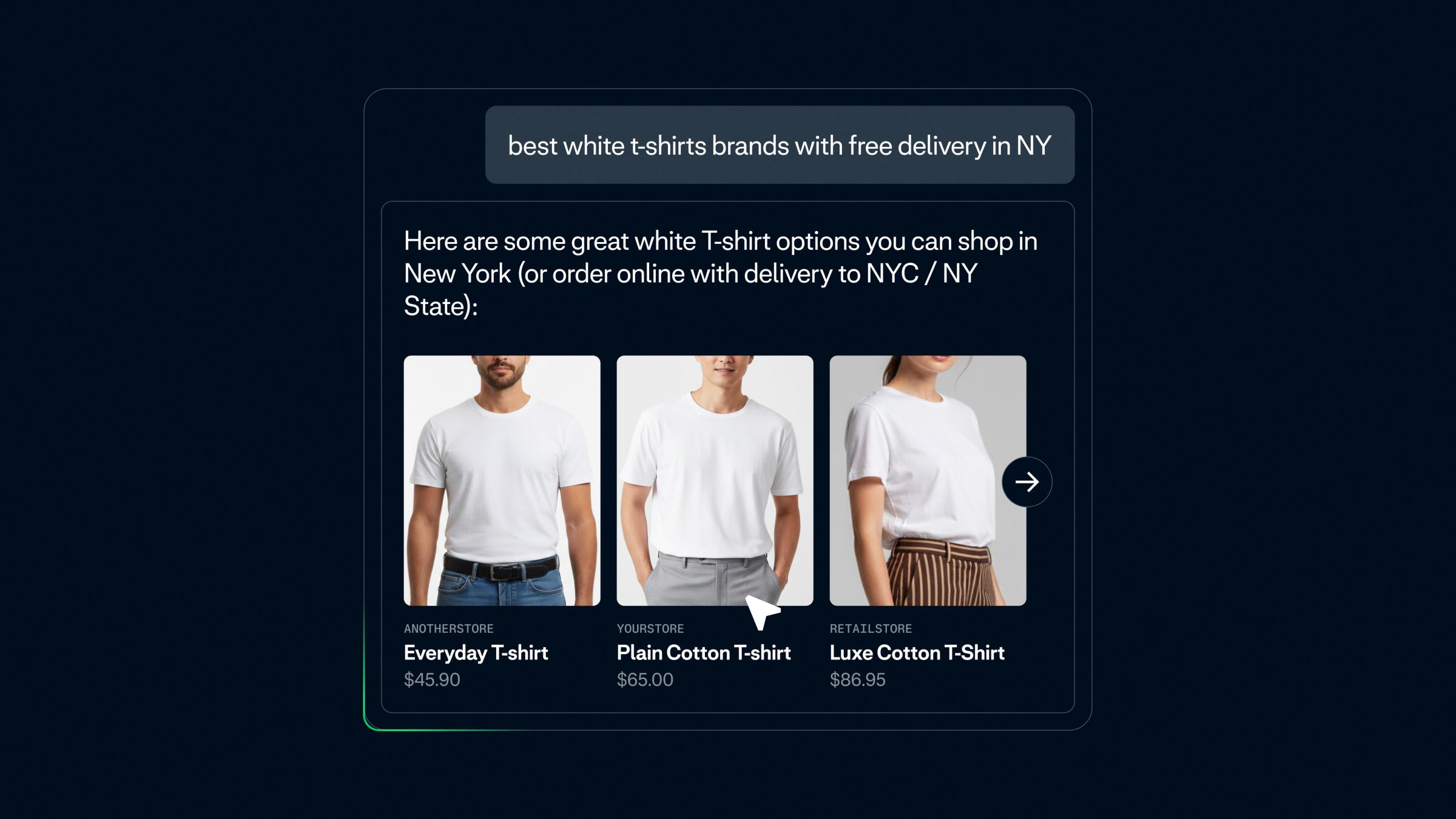 Display of white T-shirt options for online shopping in New York with prices listed.
