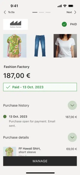 Mobile payment confirmation screen showing a transaction with Fashion Factory for 187,00 € as paid on 13 Oct. 2023.
