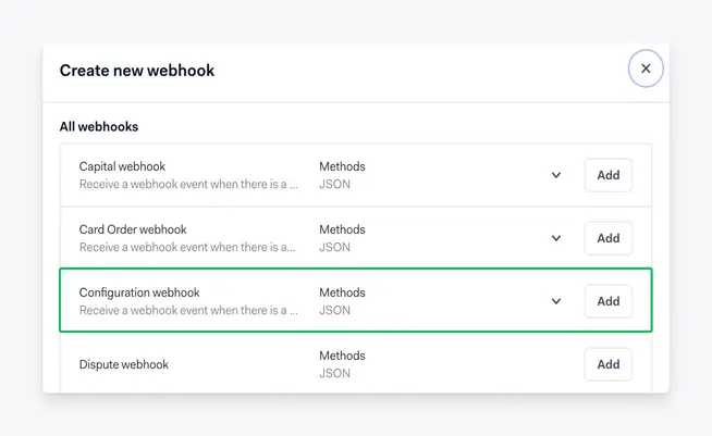 Configuration webhook option selected for adding a new webhook within a user interface.