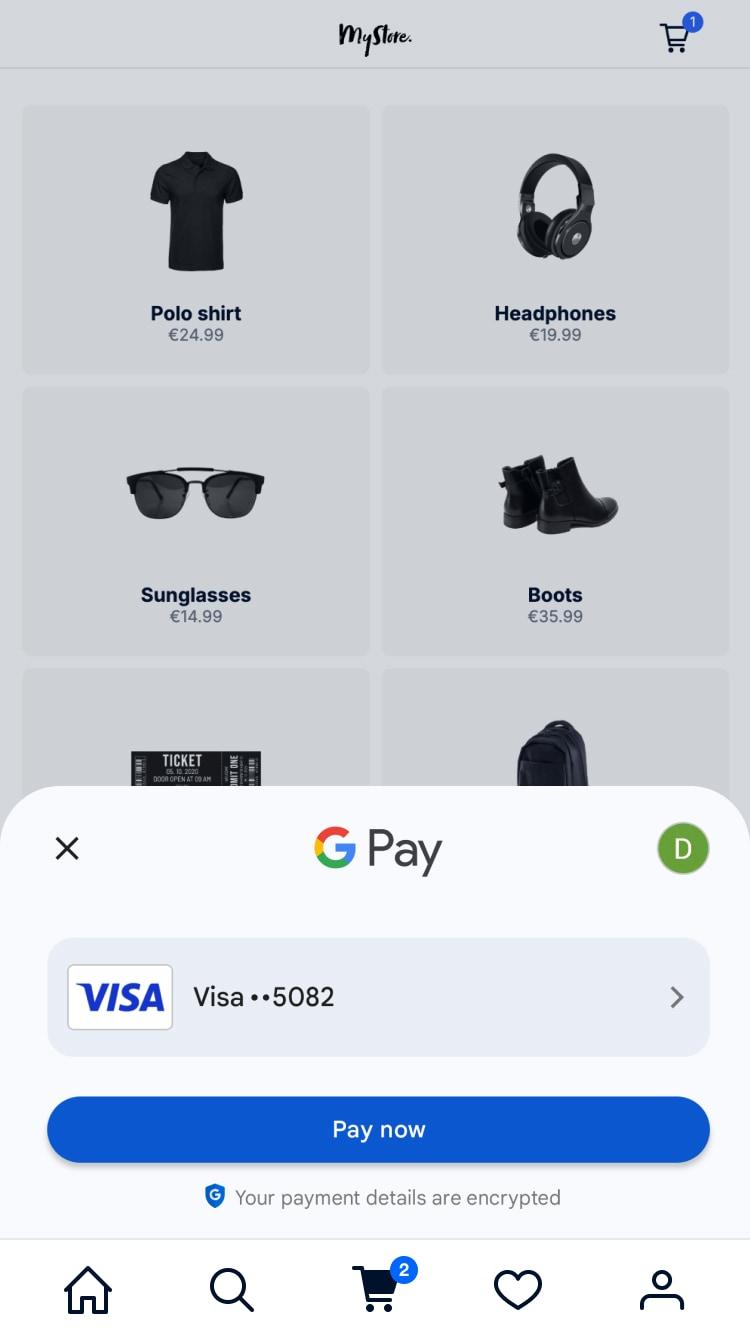 Google Pay UI with a user's payment information displayed for a transaction amounting €19.99.