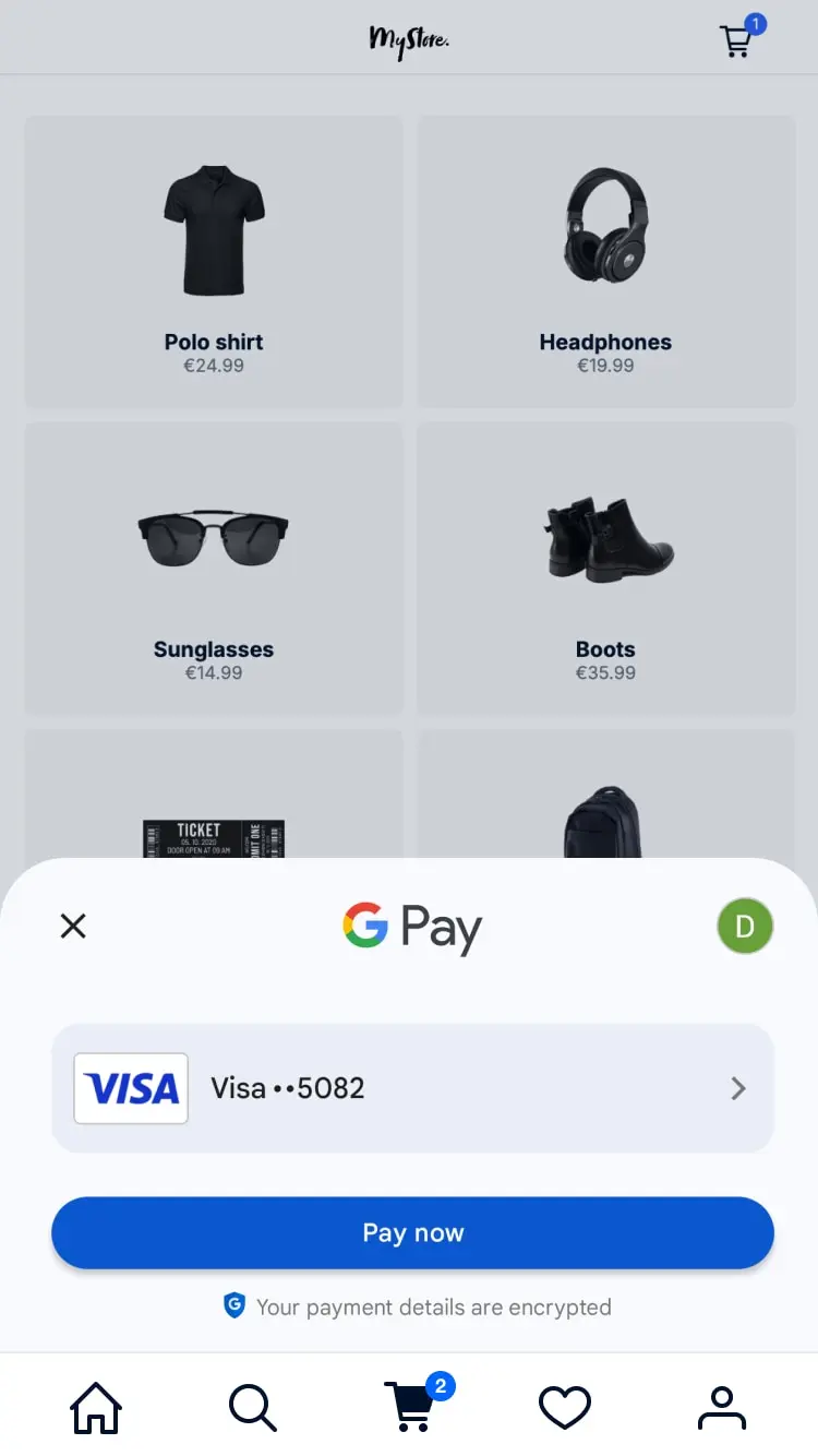 Interface utilisateur Google Pay avec les informations de paiement de l'utilisateur affichées pour une transaction de 19,99 €.