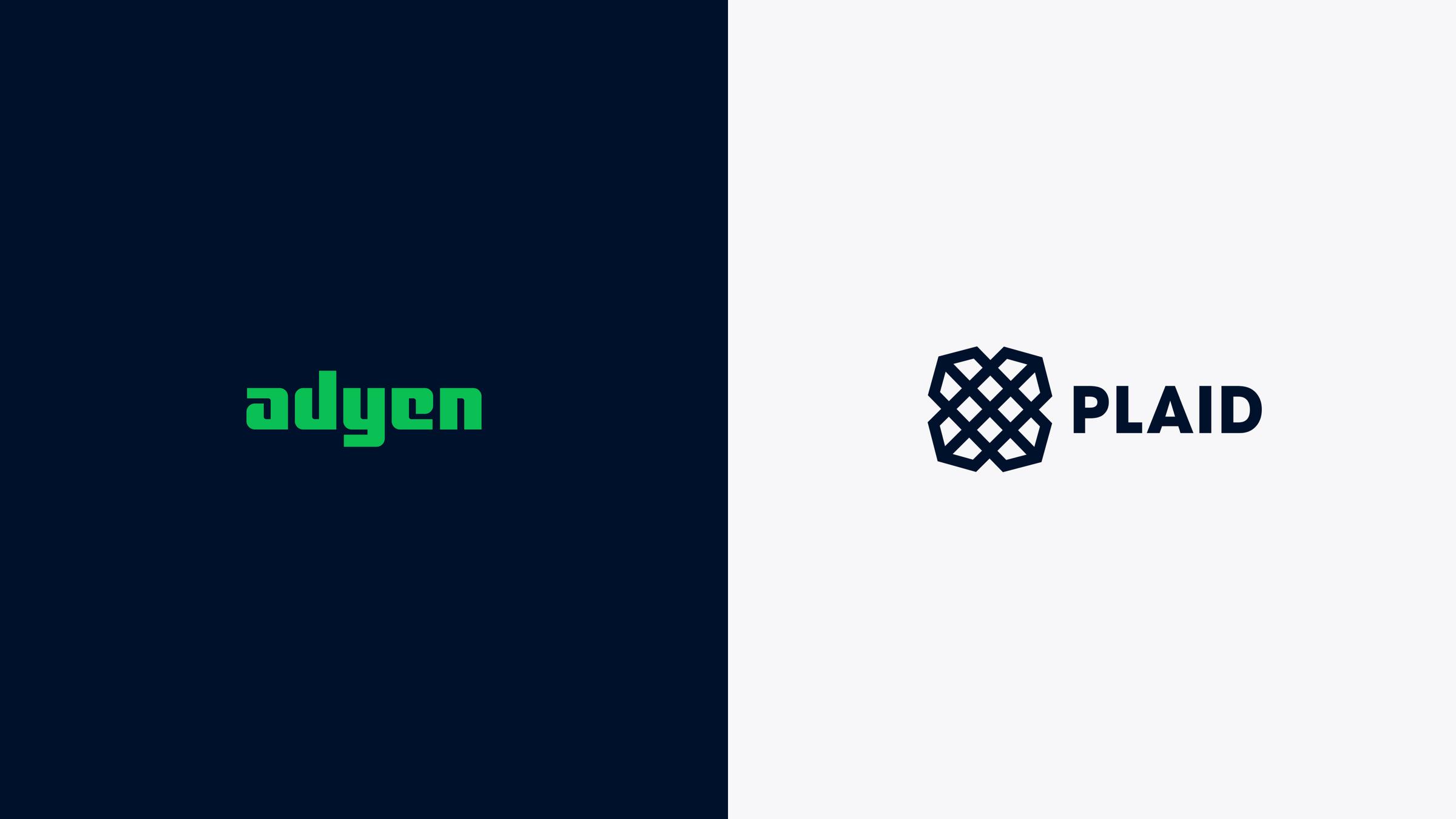 Adyen and Plaid logos on split dark blue background.