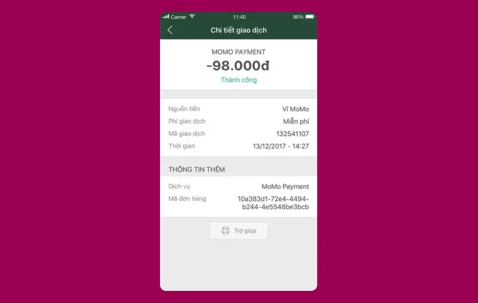 Smartphone screen showing a digital wallet transaction with details in Vietnamese.
