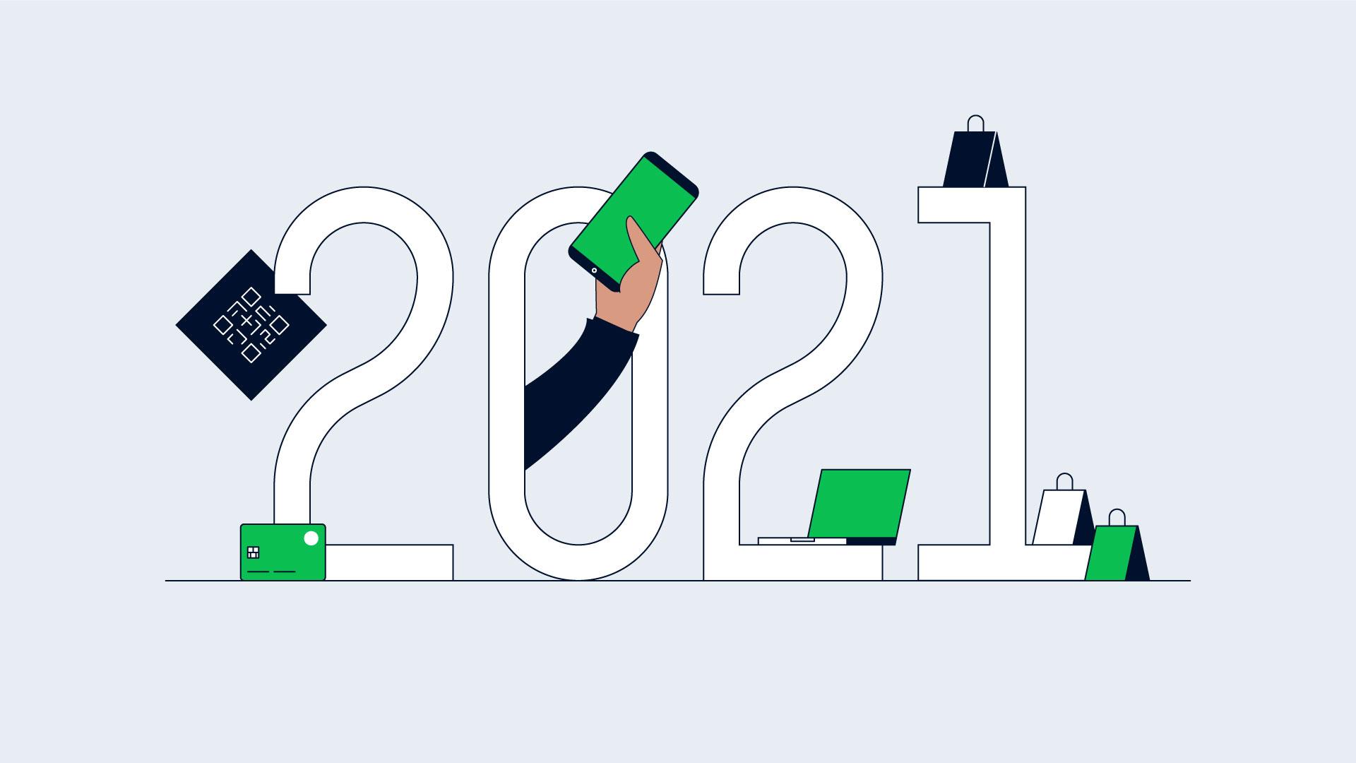 Stylized number 2021 with electronic payment elements and a mobile device.