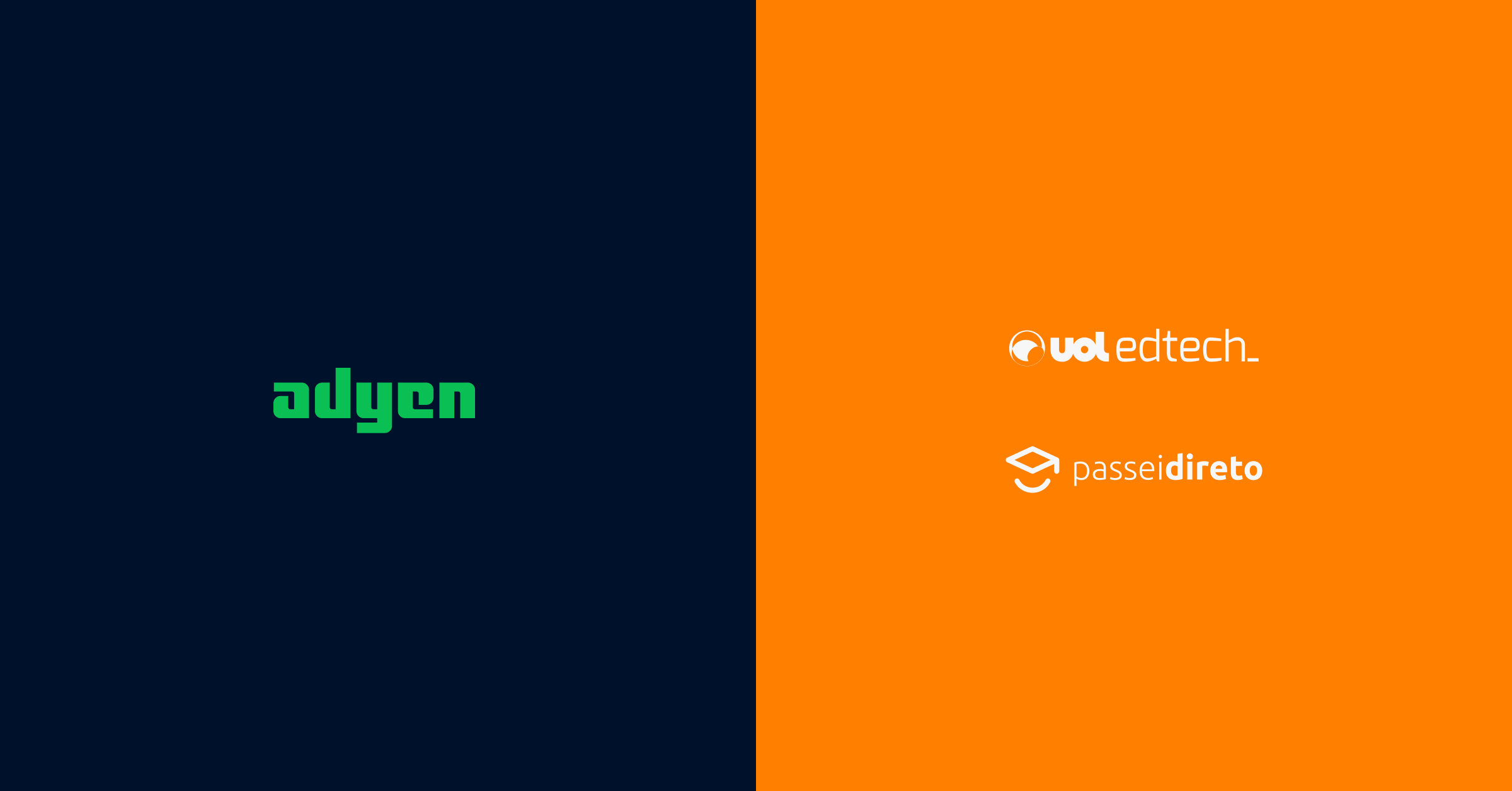 Gráfico dividido con el logotipo de Adyen a la izquierda, y los logotipos de UOL EdTech y Passei Direto a la derecha.