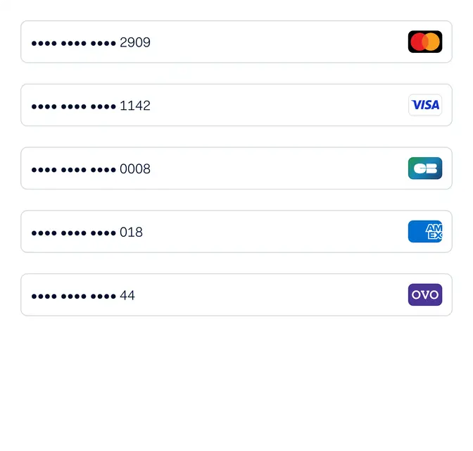 Multiple credit card types from various banks displayed with partially masked numbers.