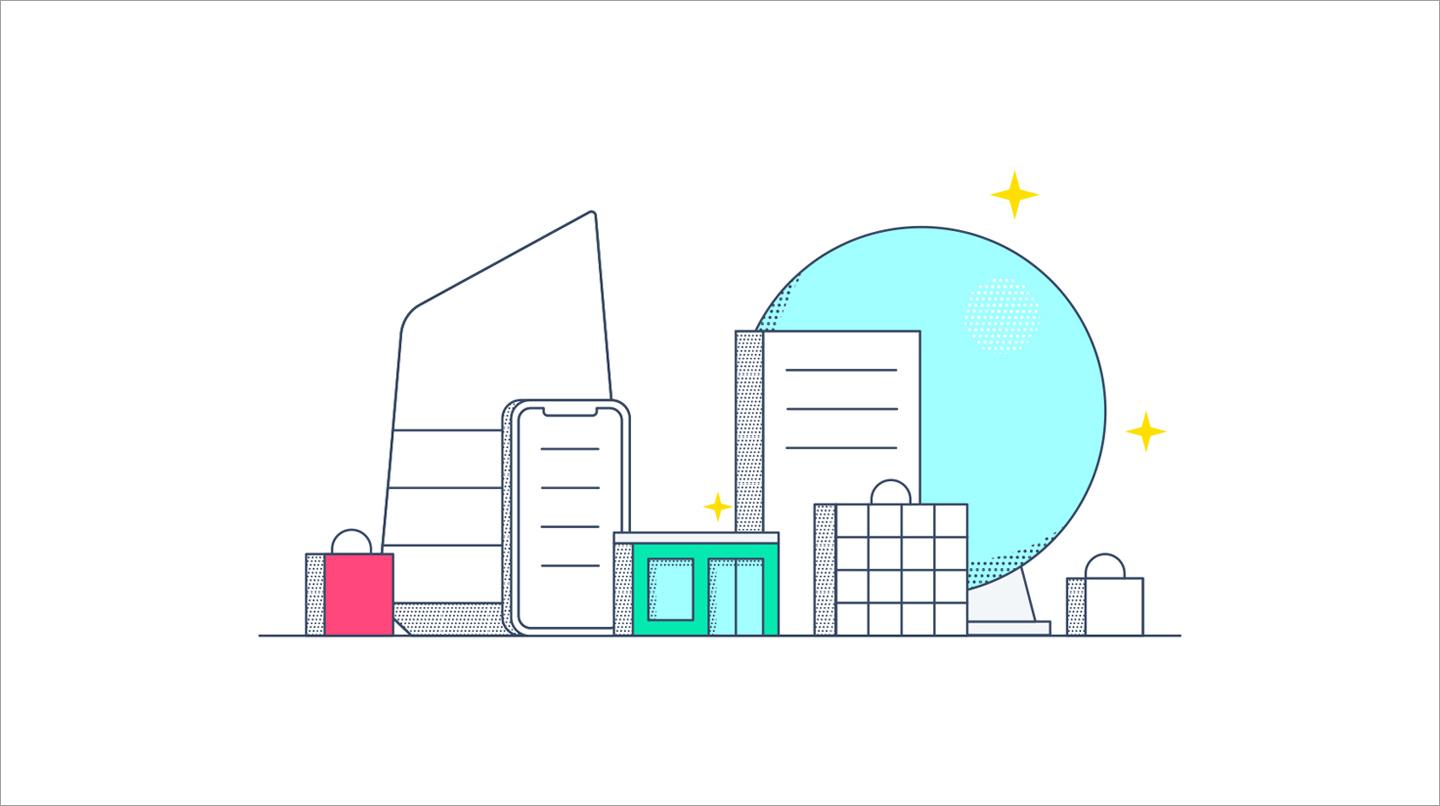 Illustration stylisée d'une ville avec diverses formes de bâtiments et des étoiles.