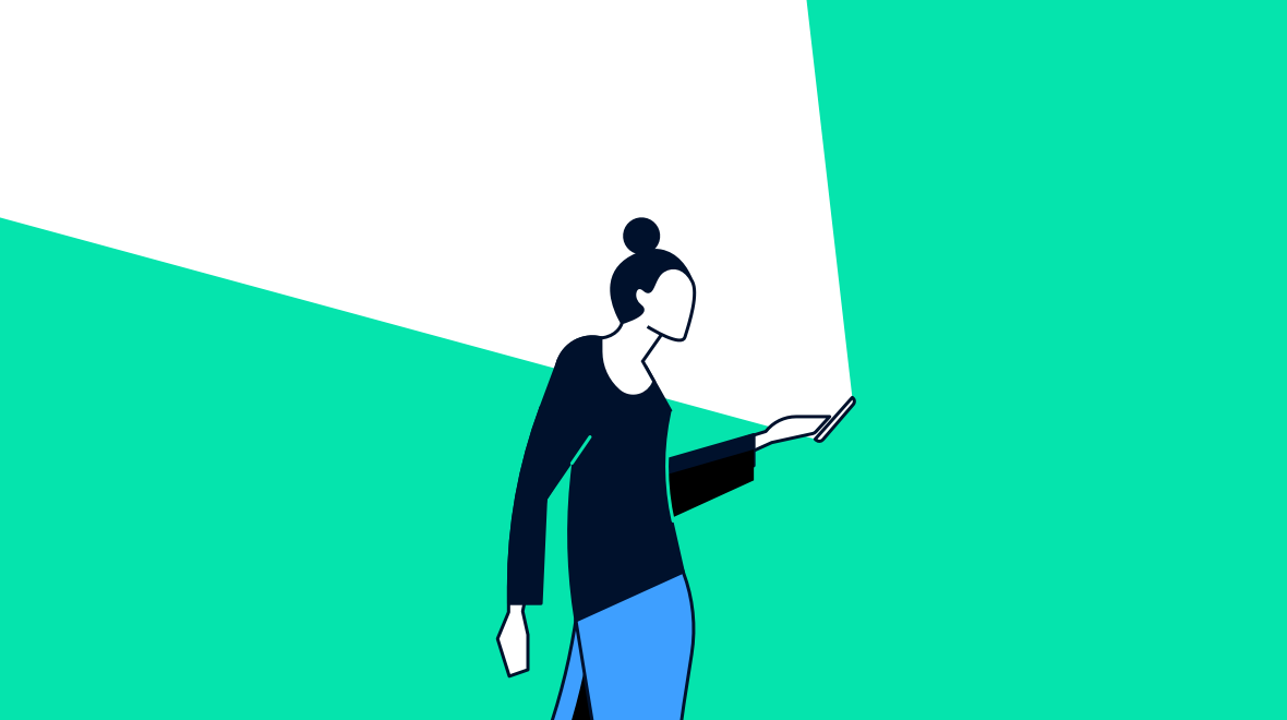 Ilustração estilizada de uma pessoa usando um smartphone com um fundo abstrato verde e branco.