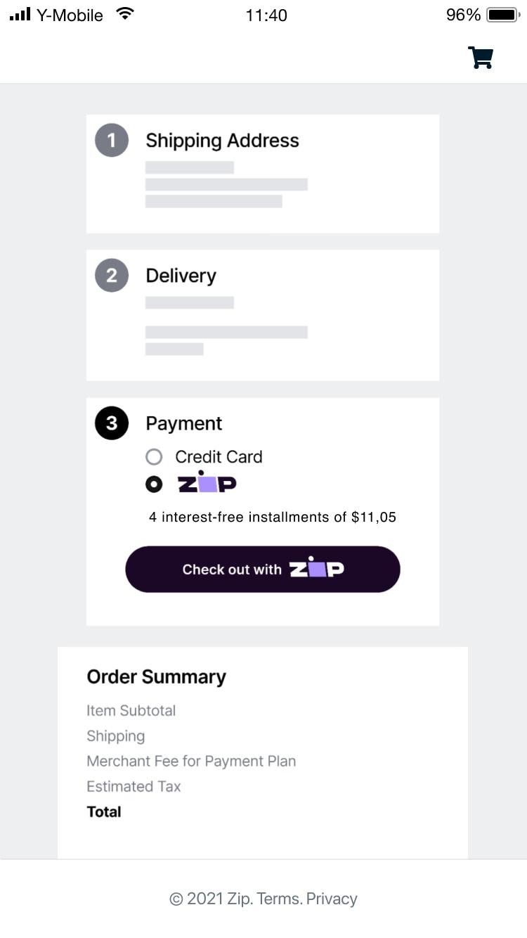 Mobile screen showing payment options with interest-free installment plan by Zip.