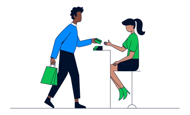 Man making a contactless payment at a cashier where a woman is stationed.