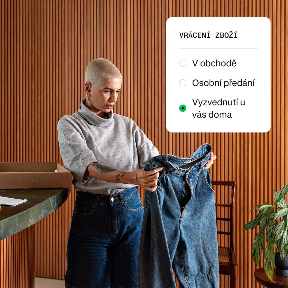 A woman looking at jeans with an overlay of a popup screen with return method options.