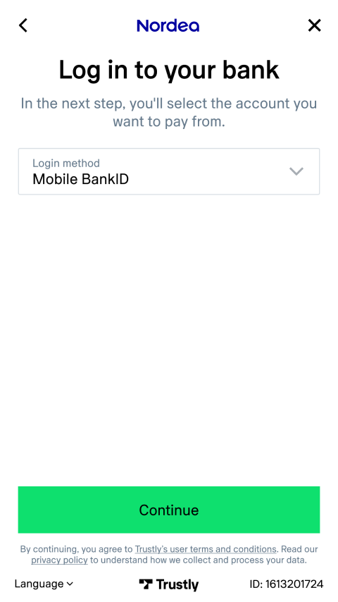 Nordea bank login screen with an option to select Mobile BankID as a login method.