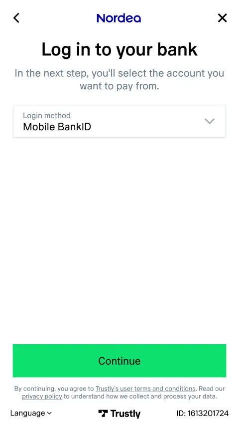 Nordea bank login screen with an option to select Mobile BankID as a login method.