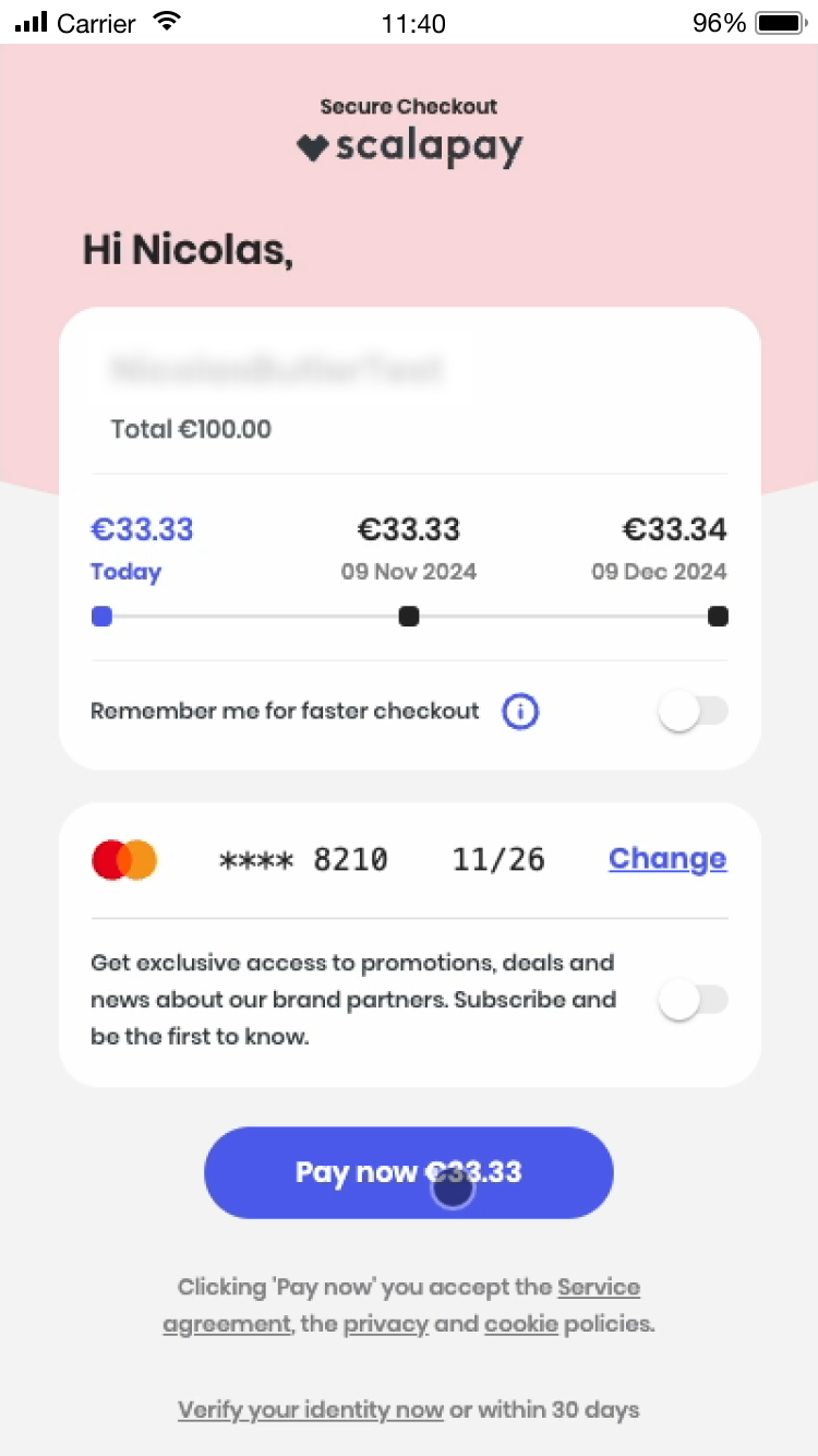 Mobile UI screen showing the Scalapay app in the payment details for checkout