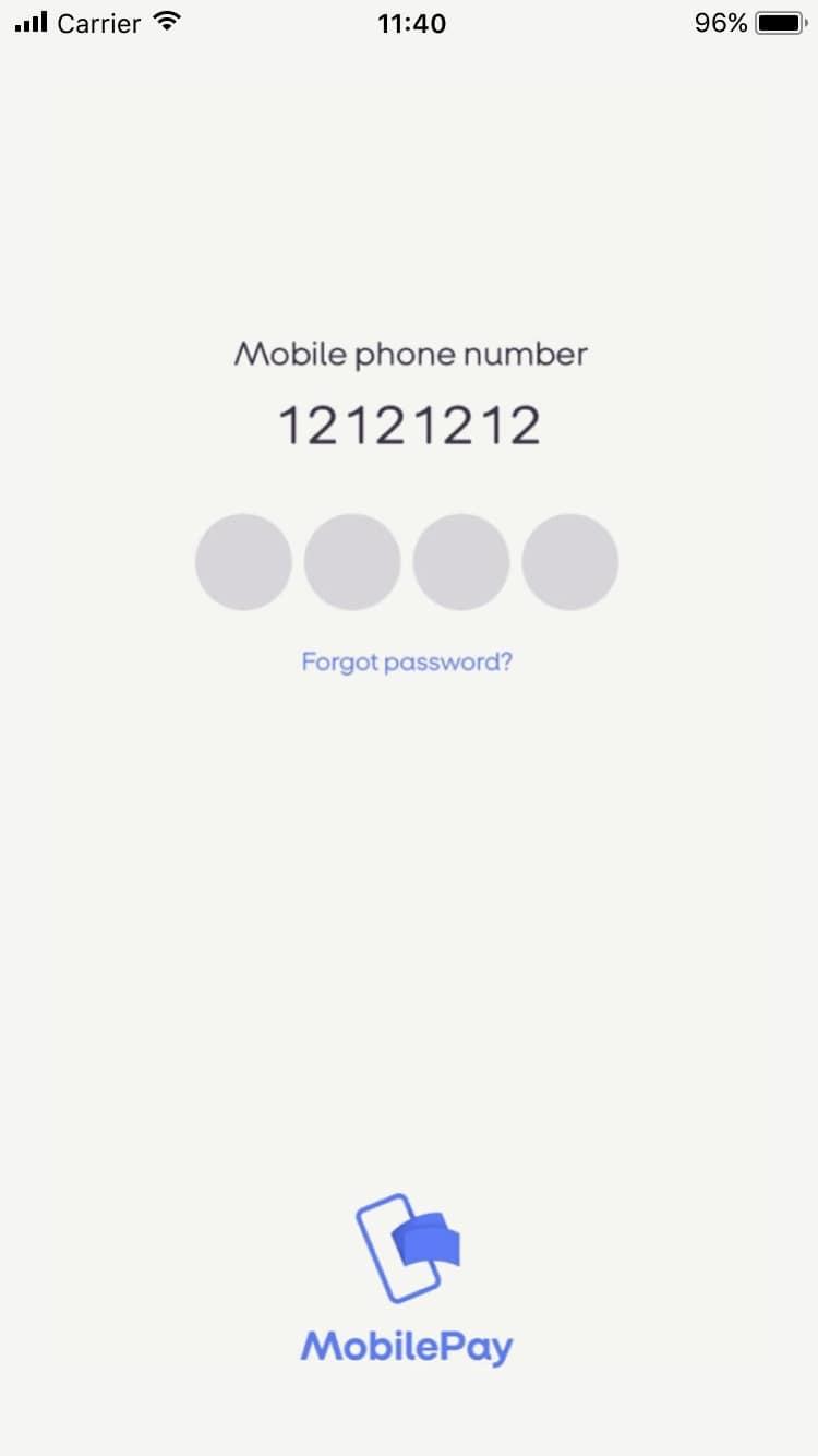 Mobile payment app login screen displaying phone number field and forgotten password option.