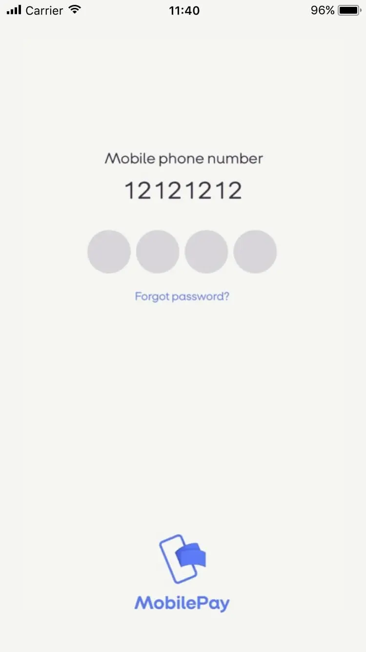 Mobile payment app login screen displaying phone number field and forgotten password option.
